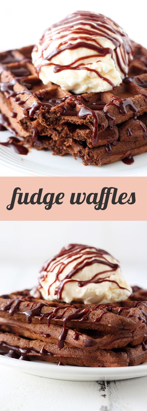 Fudge Waffles are the ultimate dessert for breakfast loaded with rich chocolate flavor and topped with ice cream and fudgy chocolate sauce! You’re going to LOVE these! Waffles With Ice Cream, Waffles Chocolate, Brunch Dessert, Waffle Iron Recipes, Dessert Waffles, Dessert For Breakfast, Waffle Maker Recipes, Chocolate Breakfast, Chocolate Waffles