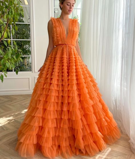 SpringSummer 23' | Teuta Matoshi Ruffle Texture, Sunrise Orange, Teuta Matoshi, Ruffle Gown, Exquisite Gowns, Bow Belt, Floral Gown, Wedding Attire Guest, Floor Length Skirt