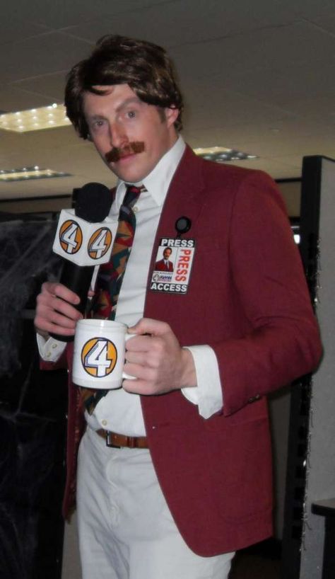 Becoming Ron Burgundy (Anchorman) w/Covert Microphone Flask Anchorman Costume, Mustache Costume, Cool Couple Halloween Costumes, Captain Marvel Shazam, Ron Burgundy, Burgundy Blazer, I Gave Up, On My Birthday, Anchorman