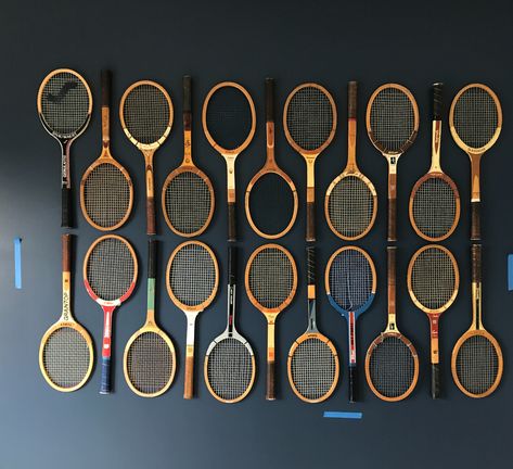 Sports Bar Wall Decor Ideas, Tennis Racket Display Ideas, Womens Locker Room Design, Tennis Pro Shop Design, Tennis Room Ideas, Sports Bar Design Ideas, Vintage Tennis Racket Decor Wall Art, Tennis Racquet Decor, Vintage Sports Bar