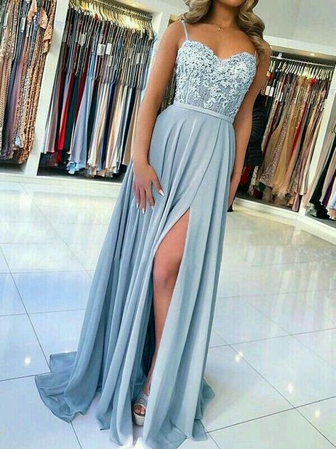 Light Blue Prom Dress, Evening Dress Long, Spaghetti Strap Prom Dress, Chiffon Evening Dresses, Beaded Prom Dress, Cute Prom Dresses, Pretty Prom Dresses, Grad Dresses, Lace Evening Dresses