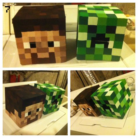 How to Make Minecraft Steve and Creeper Heads | Minecraft Halloween Costume, Minecraft Box, Minecraft Valentines, Minecraft Enderman, Minecraft Costumes, Treat Basket, Minecraft Steve, Diy Minecraft, Minecraft Birthday Party