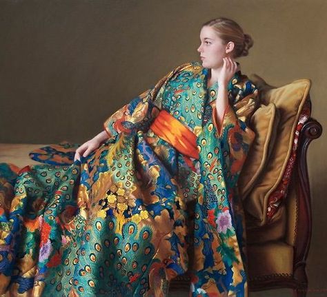 This particular kimono shows a repeating pattern of colorful peacocks, with very intricate embroidery, and even gold threads on the peacock feathers. Wilson Art, William Adolphe Bouguereau, Bo Bartlett, Alex Colville, The Peacock, Japanese Kimono, Historical Fashion, Kimonos, Classic Art