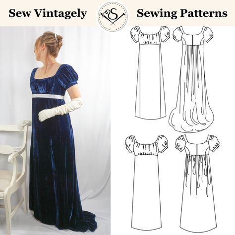 Dress Patterns Uk, Regency Dress Pattern, 19th Century Dress, Evening Dress Patterns, Regency Gown, Dresses By Pattern, Century Dress, Regency Dress, Dress Patterns Free