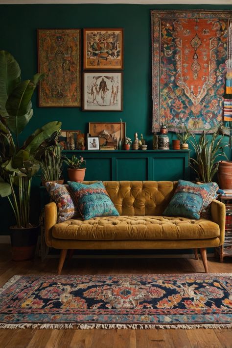 bohemian living room decor, rug decor, rug patterns, eclectic design style, bohemian decorating ideas, modern bohemian decor, interior design trends Vibrant Color Interior Design, Eclectic Colour Palette, Hippie Interior Design, Colourful Interior Design, Peach Living Rooms, Modern Eclectic Living Room, Modern Eclectic Interior, Forest Room, Peach Paint