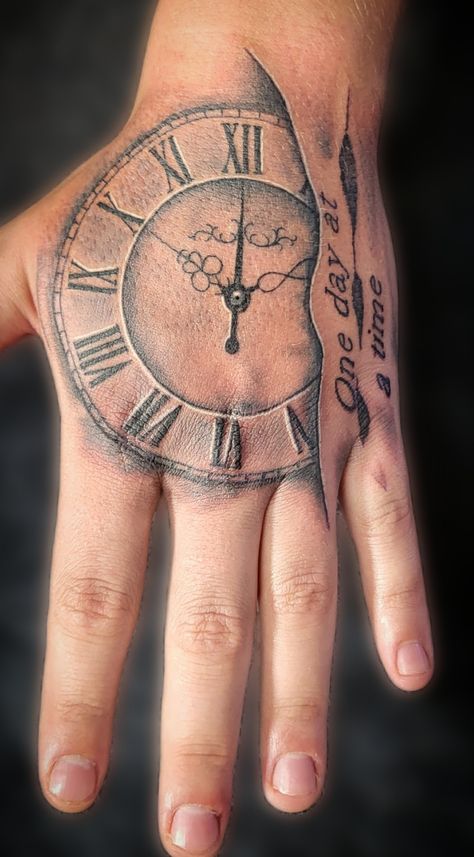 Clock on hand tattoo Tattoo Ideas On Hand For Man, Knuckle Tattoos For Men, Hand Clock Tattoo Design, Clock Hand Tattoos For Guys, Clock Tattoo Design For Men Hand, Clock Tattoo Design Hand, 777 Tattoo On Hand, Creative Hand Tattoos For Men, Clock Hand Tattoo Stencil