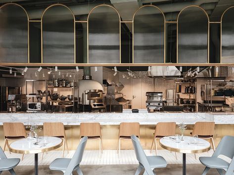 The Y Restaurant in Moscow Channels Retro and Contemporary, Global and Local - Metropolis Bar Restaurant Design, Architecture Restaurant, South Italy, Design Café, Custom Chair, Private Dining Room, White Marble Countertops, Oak Table, Private Dining