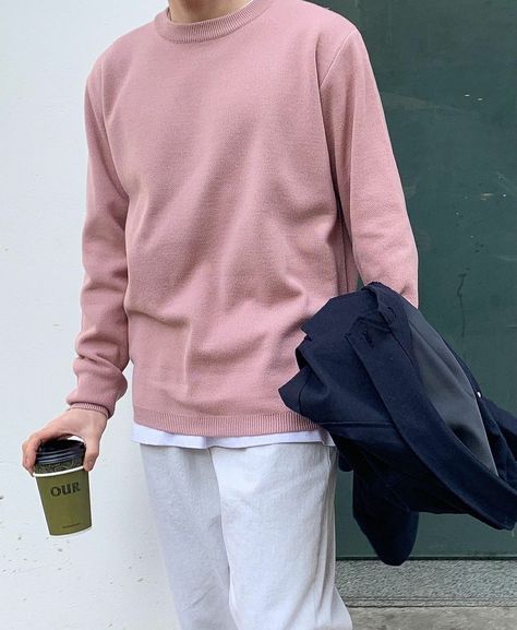 Pink Sweater Outfit Men, Maroon Sweater Outfit, Basic Boy Outfit, Sweatpants And Sweatshirt Outfit, Pink Sweater Men, Long Sleeve Sweater Outfit, Sweater Outfits Korean, Korean Outfits Men, Soft Boy Outfits