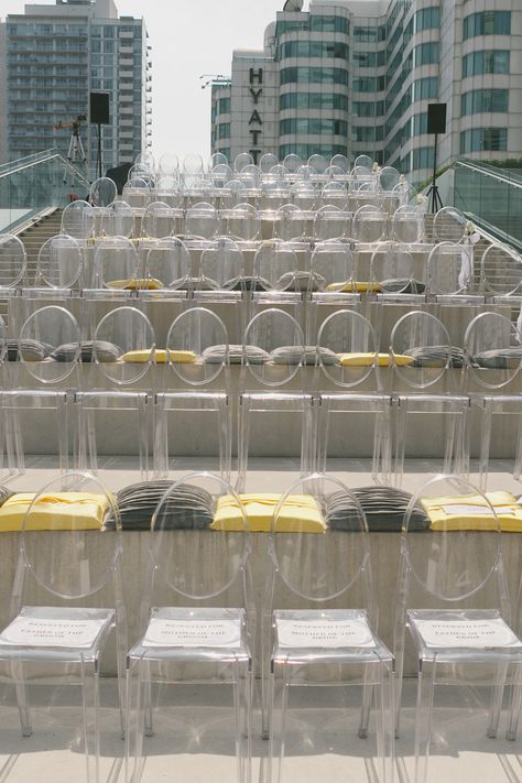 Lucite stadium seating | Photography: Mango Studios - mangostudios.com  Read More: http://www.stylemepretty.com/canada-weddings/2014/04/22/modern-gray-and-yellow-wedding-at-malaparte/ Gray And Yellow Wedding, Organization Techniques, Noir Wedding, Lucite Chairs, Stadium Seating, Musical Chairs, Ceremony Photography, Ghost Chairs, Modern Wedding Decor