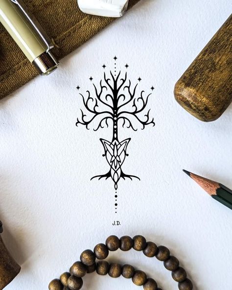 Lotr Couples Tattoo, Elvish Tattoo Ideas, Lotr Friendship Tattoo, Trees Of Valinor Tattoo, Lord Of The Rings Fine Line Tattoo, I Am No Man Tattoo Elvish, Rohan Lord Of The Rings Tattoo, Lord Of The Rings Drawing Easy, Galadriel Tattoo