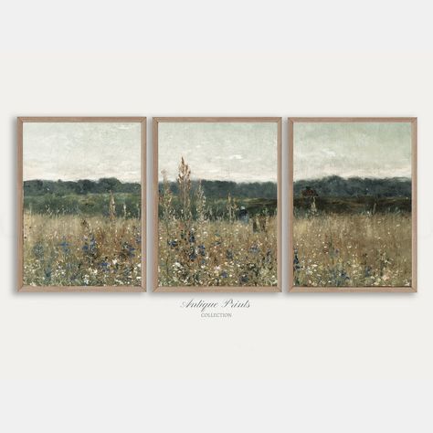 Country 3 Pieces Vintage Wall Art Wildflower Field Set of 3 - Etsy Canada Wild Flower Art, Field Paintings, Fall Artwork, Wildflower Field, Farm Field, Scenery Paintings, Vintage Landscape, Night Art, Landscape Walls