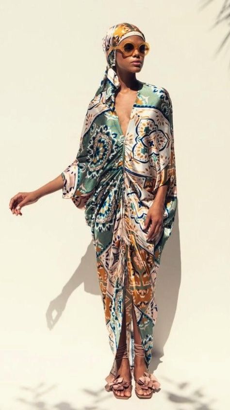 Ethno Style, Kaftan Designs, Deep V Neck Dress, Ethnic Dress, Satin Maxi Dress, Types Of Dresses, Batwing Sleeve, Moda Operandi, Maxi Dresses