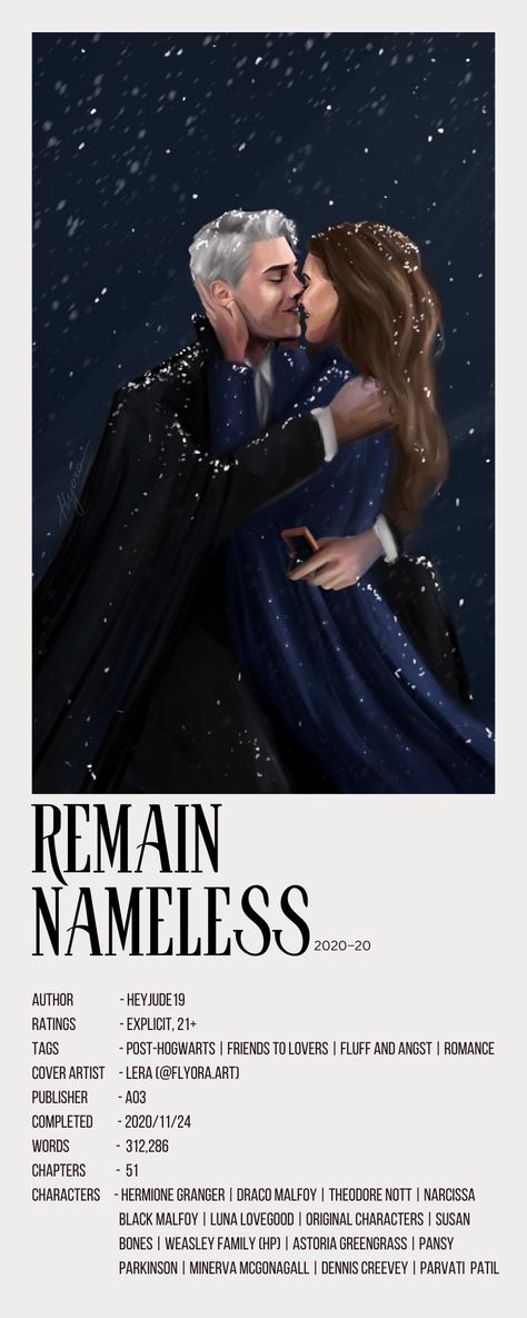 #remainnameless #dramione #fanfic #ao3 #dracomalfoy #hermionegranger #flyoraart Dramione Remain Nameless, Remain Nameless Dramione Cover, Apple Pies And Other Amends Dramione, Best Dramione Fanfic, Rosemary For Remembrance Dramione, Timeless Dramione, Dramione Ao3, Dramione Fanfic Ao3, Dramione Fanfic Cover