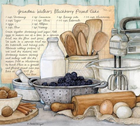 Susan Winget🎨 - A Potpourri Of Likes Baking Portfolio, Recipe Book Printables, Cooking Illustration, Recipe Book Design, رسم كاريكاتير, Recipe Book Diy, Molduras Vintage, Baked Good, House Cartoon