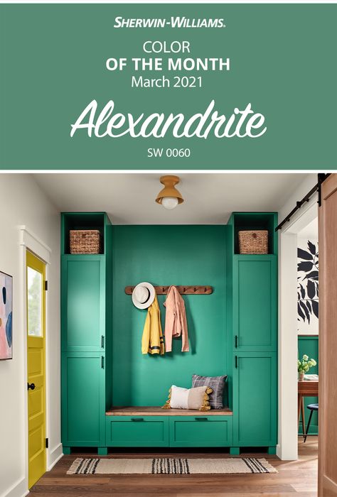 Introducing Sherwin-Williams March Color of the Month, Alexandrite SW 0060. Tap this pin for styling tips, complementary colors, and painting project inspiration. #sherwinwilliams #color #inspiration #colorinspiration #paint #decor #interiordesign #paintinspiration #cabinets #mudroom #green #builtins Sherwin Williams Alexandrite Paint, Alexandrite Paint Color, Alexandrite Sherwin Williams, Sw Alexandrite, Sherwin Williams Alexandrite, Bright Paint Colors For Living Room, Mudroom Green, Bright Green Paint Colors, Cabinets Mudroom