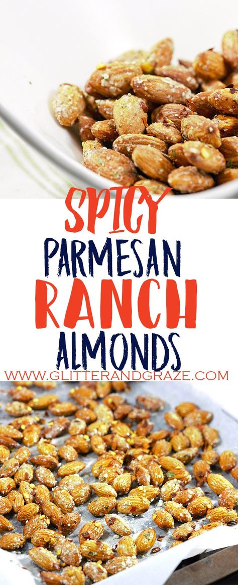 spicy Parmesan ranch almonds Ranch Almonds Recipe, Seasoned Nuts, Parmesan Ranch, Spicy Ranch, Spicy Almonds, Flavored Nuts, Almond Snack, Almonds Recipe, Healthy School Snacks