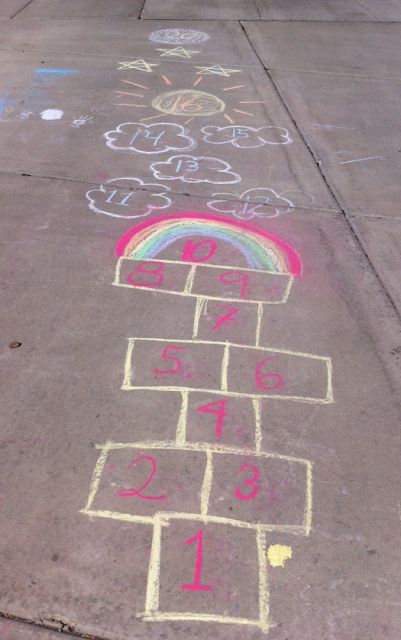 The cutest chalk Hop Scotch! Hop Scotch Ideas Sidewalk, Hop Scotch Games For Kids, Hop Scotch Ideas, Chalk Activities, Sidewalk Paint, Chalk Ideas, Games Outdoor, Drama Games, Sidewalk Chalk Art