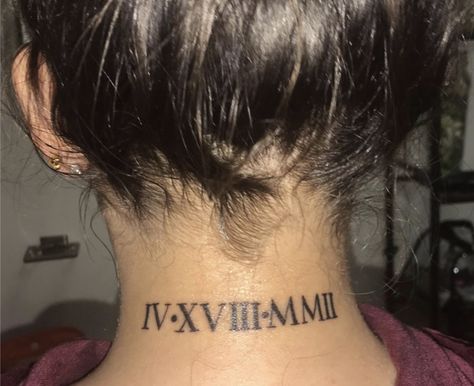 Roman numeral neck tattoo Behind The Neck Tattoos, Under Eye Tattoo, Tattoo Back Of Neck, Side Thigh Tattoos Women, Neck Tattoo Women, Rose Neck Tattoo, Side Thigh Tattoos, Roman Numeral Tattoo, Numeral Tattoo