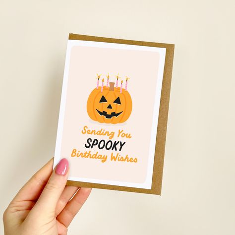 Sending Spooky Birthday Wishes Card | Pumpkin Birthday Card, October Birthday Card, Autumn Birthday Card, Libra, Scorpio Birthday | A6 Card CARD INFO: - A6 size (105 x 148mm) - Printed on 300gsm White Card - Kraft Envelope included with each card PRINTED MESSAGE & SENDING TO RECIPIENT: All cards are blank, but if you would like to add a printed message or send direct to the recipient, I can do it for you! - For a printed message: choose 'printed message' from options & leave message in personali October Birthday Card Ideas, October Birthday Cards, Fall Birthday Cards Handmade, Halloween Birthday Cards, Halloween Birthday Card, Birthdays Cards, Spooky Birthday, Watercolor Holiday Cards, Autumn Birthday