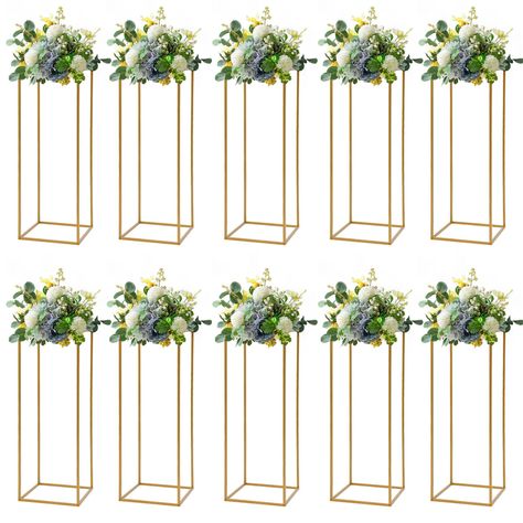 PRICES MAY VARY. 𝒫𝒶𝒸𝓀𝒶𝑔𝑒 𝒾𝓃𝒸𝓁𝓊𝒹𝒾𝓃𝑔 - Ten pieces of 32 inches height floor vase column stand, the width and deep are both 9.4 inches. Artificial flowers are not included. Assembly is required, each stand is assembled from 4 long rods and 8 short rods, connected by upgraded T-connectors, easy to insert to assembly, including a hammer for assembly and can be finished in short minutes. 𝒮𝓉𝓎𝓁𝒾𝓈𝒽 𝒶𝓅𝓅𝑒𝒶𝓇𝒶𝓃𝒸𝑒 - Add a tall column stand to your centerpieces and floral arran Wedding Flower Vase, Gold Wedding Flowers, Geometric Centerpiece, Tall Wedding Centerpieces, Venue Decorations, Table Haute, Flower Stand, Wedding Flower Decorations, Flower Centerpieces Wedding