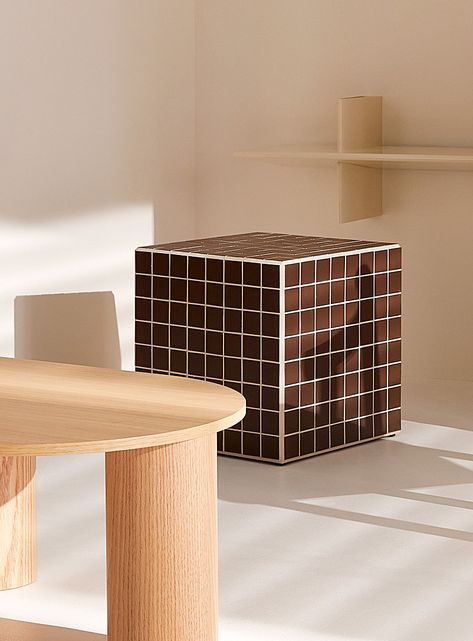 Retro tiled cubic side table | Pied Carré | | Simons Glossy Tiles, Geometric Side Table, Cube Table, Tile Table, Square Ceramic, Wood Furniture Design, Men Home Decor, Rattan Coffee Table, Bathroom Outdoor