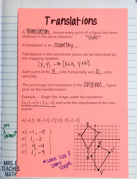 Transformations and Translations INB Pages Translation Math, Geometry Transformations, Math College, Geometry Interactive Notebook, Geometry Notes, Geometric Transformations, Teaching Geometry, Geometry High School, Math Notebook