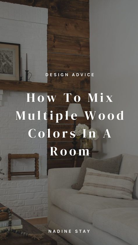 Different Wood Stains In One Room, Multiple Wood Colors In One Room, Dark Walnut Furniture Living Room, How To Pick Wood Flooring Color, Wood Mixing Interior, Wood On Wood Living Room, Furniture For Wood Floors, Different Shades Of Wood In Living Room, Light Wood Floors With Dark Wood Furniture