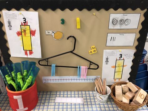 Number 3 display. Easy to change and meaningful to children. They get so excited when they see a new number appear. Numberblocks making an appearance too. Numberblocks Activities Eyfs, Numeracy Display, Number Of The Week, Reception Maths, Maths Eyfs, Year 1 Classroom, Eyfs Maths, Year 1 Maths, Maths Display