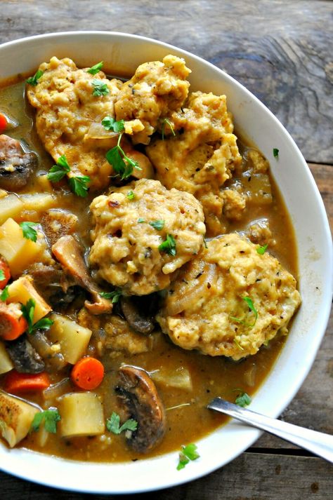 Vegan Winter Vegetable Stew With Cheesy Herb Dumplings - Rabbit and Wolves Sausage Italian, Veggie Stew, Hummus Pasta, Lacinato Kale, Golden Potatoes, Winter Vegetable, Vegan Stew, Vegan Hummus, Winter Vegetables