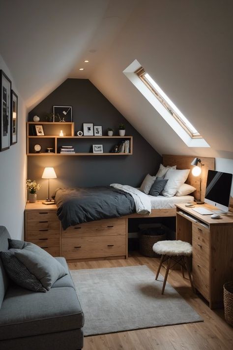 20 Creative Solutions For Small Attic Bedrooms With Low Ceilings – ToolzView Loft Angled Ceiling, Vaulted Attic Bedroom, Platform Bed Attic Room, Small Window Room Ideas, Elevated Bedroom Design, Industrial Attic Bedroom, Home Office Angled Ceiling, Small Room Loft Bed Ideas For Low Ceiling, Small Bedroom Attic Ideas