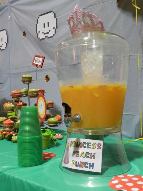 Rachel's Super Mario Birthday  | CatchMyParty.com Mario Party Drinks, Mario Birthday Food, Brothers Birthday Party Ideas, Mario Brothers Birthday Party Ideas, Yoshi Party, Nintendo Birthday, Super Mario Brothers Birthday Party, Super Mario Brothers Party, Super Mario Brothers Birthday