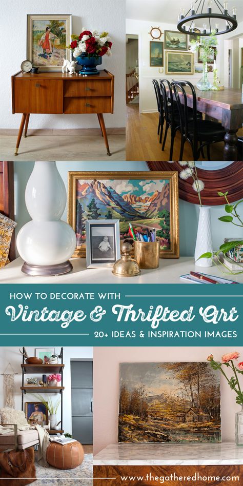 This huge resource is full of THE BEST eye candy & inspiration on how to decorate your home with vintage, thrifted & found art! Thrifted Art, Repurposed Decor, Behind Couch, Inspiration Images, Cottagecore Decor, Floral Oil Paintings, Found Art, Eclectic Art, Gallery Walls