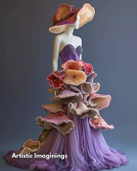 Fungi Inspired Fashion, Nature Runway Fashion, Mycelium Fashion, Fungi Textiles, Frilly Mushroom, Fungi Fashion, Sea Inspired Fashion, Biomorphic Forms, Cosplay Patterns