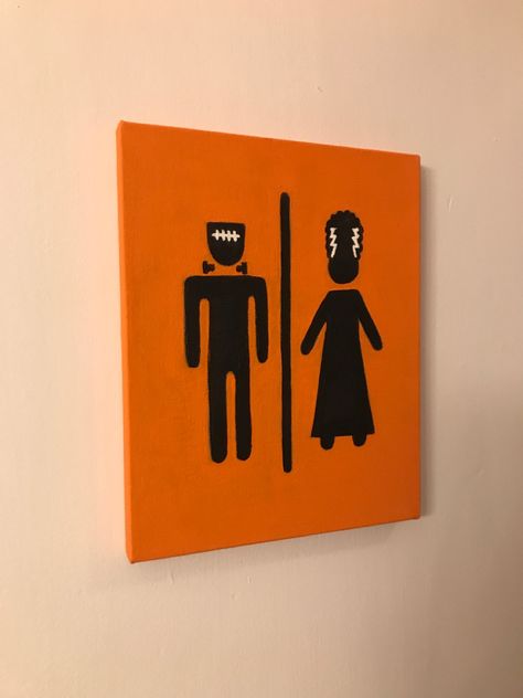 Spooky Signs Diy, Old School Halloween Decorations, Halloween Bathroom Art, Halloween Bathroom Sign, Halloween Diy Signs, Diy Halloween Painting, Halloween Decorations Bathroom, Diy Halloween Paintings On Canvas, Traffic Cone Painted