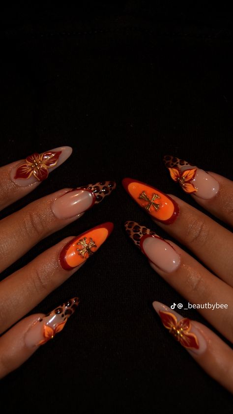 Junk Nails Almond Shape, Indian Style Nails Art Designs, Hbcu Homecoming Nails, Cute Fall Birthday Nails, Halloween Cherry Nails, Red Nails W Initial, Fall Nails Orange And Brown, Scorpio Acrylic Nails Designs, Fall Nail Designs Oval Shape