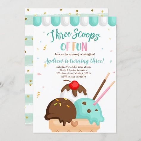 Three Scoops Of Fun Birthday, Three Scoops Of Fun, Third Birthday Invitations, Fun Invitation, Pink Ice Cream, Mint Ice Cream, Fun Invitations, Ice Cream Birthday, Third Birthday