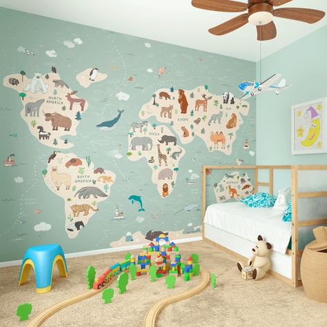 World Map Mural, Animal Bedroom, Playroom Wallpaper, Map Wall Mural, Map Murals, Maps For Kids, World Map Wallpaper, Map Wallpaper, World Map Wall