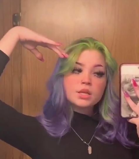 Green To Purple Hair, Purple And Green Split Dye, Purple And Green Hair Ideas, Green Split Dye, Purple Split Dye, Green Purple Hair, Pink And Green Hair, Blue And Green Hair, Purple And Green Hair