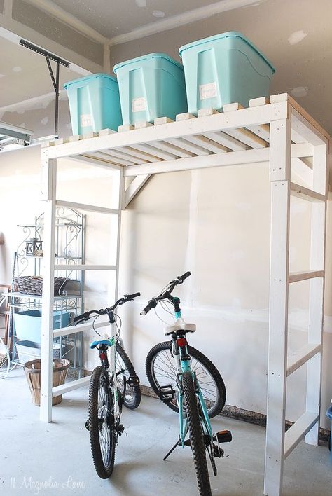 As you bring outdoor furniture, your lawn mower, and other summer equipment inside for the winter... make sure you have proper storage! Use a HomeRight sprayer to apply the finish. Freestanding Garage, Build Garage, Garage Organization Shelves, Bike Rack Wall, Garage Storage Racks, Garage Tool Organization, Garage Storage Shelves, Garage Organization Diy, Add Storage