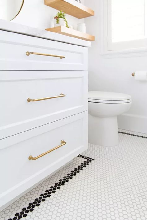 White Penny Tile Bathroom, Penny Tile Bathroom, White Penny Tile, Penny Tile Bathroom Floor, Penny Tiles Bathroom, Penny Tiles, Tile Bathroom Ideas, Penny Tile Floors, Rectangular Vessel Sink