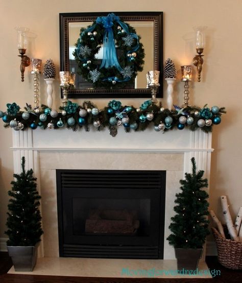 Blue And Green Christmas, Teal Christmas, Turquoise Christmas, Blue Christmas Decor, Silver Christmas Decorations, Blue Christmas Tree, Silver Christmas Tree, Gold Christmas Decorations, Christmas Mantle