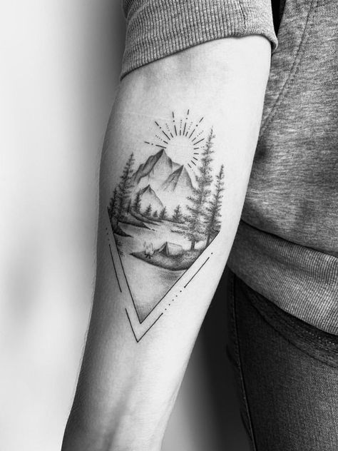 Campfire Mountain Tattoo, Nature Camping Tattoo, Shoulder Tattoos For Women Geometric, Tattoo Camping Nature, Mountain Camping Tattoo, Camping Tattoo For Women, Triangle Mountain Tattoo, Mountain And River Tattoo, Camping Tatoo