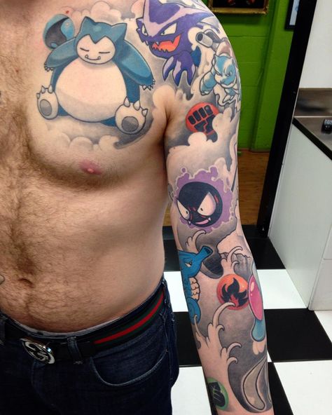 Video Game Tattoo Sleeve, Snorlax Tattoo, Yugioh Tattoo, Gengar Tattoo, Pokemon Sleeves, Game Tattoo, Video Game Tattoos, Nerdy Tattoos, Gamer Tattoos