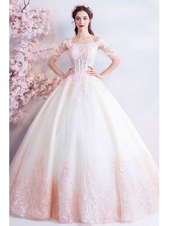 Dreamy Princess White And Pink Ball Gown Wedding Dress Off Shoulder Pink And White Wedding Dress, Quincenera Dresses, Pink Wedding Gowns, Pink Ball Gown, White Ball Gowns, Smile Wallpaper, Macaroon Recipes, Pink Wedding Dress, Applique Wedding