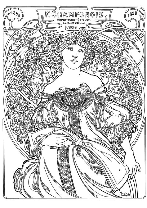 Alfons Mucha : "F. Champenois Imprimeur Editeur Paris" Poster - Art Nouveau Adult Coloring Pages Dover Coloring Pages, Fairy Coloring Book, Illustration Art Nouveau, Coloring Posters, Mucha Art, Alfons Mucha, Fu Dog, Art Nouveau Illustration, Mandalas Painting