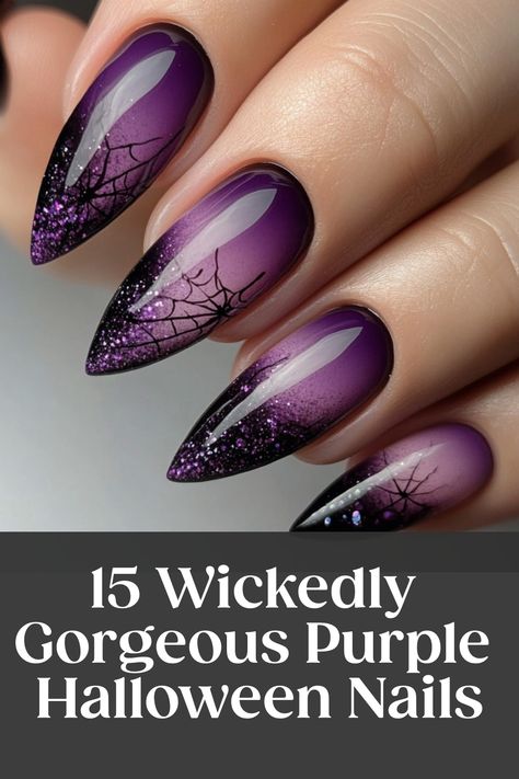 Get into the spooky spirit with these stunning purple Halloween nails! Whether you prefer acrylics or natural nails, these purple designs are sure to add a touch of magic to your look. Embrace the Halloween vibes and stand out with unique and eye-catching nail art. From deep plum shades to vibrant lavender hues, there's a perfect shade of purple for everyone this spooky season. Orange And Purple Halloween Nails, Purple Halloween Nails, Pumpkin Queen, Purple Nail Designs, Look At The Moon, Big Forehead, Purple Halloween, Halloween Vibes, Deep Plum