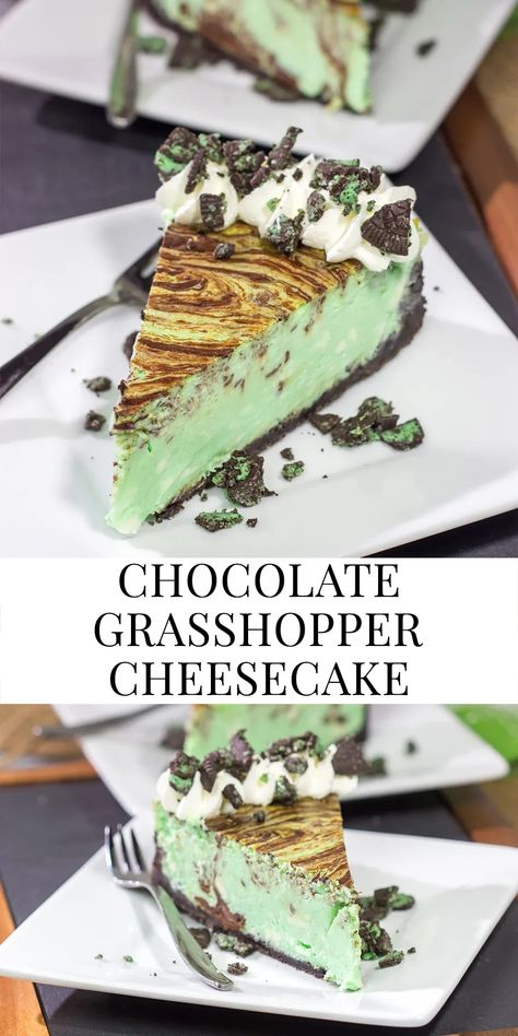 Based on the popular cocktail, this Chocolate Grasshopper Cheesecake features a mint chocolate filling on top of an Oreo crust. It's a delicious and unique dessert! Grasshopper Cheesecake Recipe, Grasshopper Cheesecake, Unique Cheesecake, Mint Chocolate Cheesecake, Mint Desserts, Mint Cheesecake, Spring Recipes Dessert, Yummy Cheesecake, Chocolate Mint Cookies