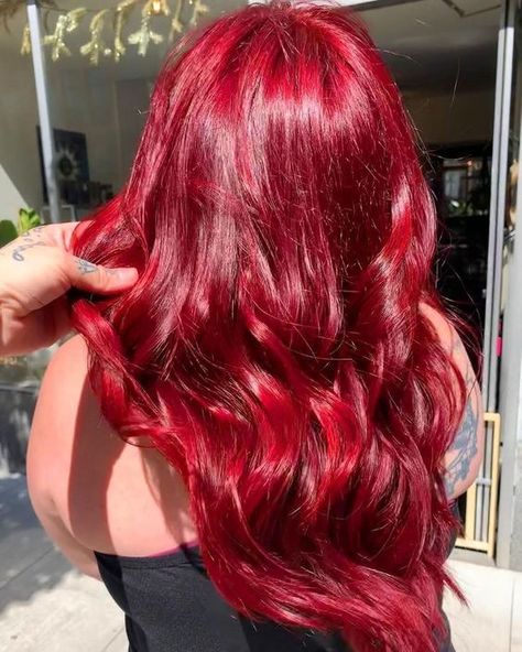 All Red Hair Dyed, Dark Vibrant Red Hair, Coraline Hair Color, Red Hair Bright Cherry, Madelaine Core, Red Hair Color Ideas For Short Hair, Flame Red Hair Color, Bright Cherry Red Hair, Full Red Hair