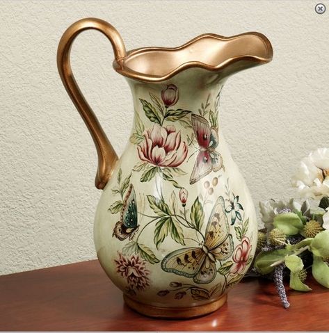 Floral Storage, Butterfly Decals, Porcelain Decor, Antique Pitcher, Cherry Kitchen, Butterfly Decal, Beauty Of Flowers, Stone Vase, Butterfly Decor