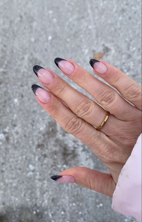 Black Shimmer French Tip Nails, Black Sparkle French Tip Nails Almond, Black Crome Nails French Tip, Sparkly Black French Tip Nails Almond, Black Sparkly French Tips, Black Crome Nails Almond, Eras Tour Nails Reputation, Sparkly Black French Tip, Eras Tour Nail Ideas Reputation